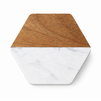 White Hexagon Wood and Marble Coaster - Case of 20