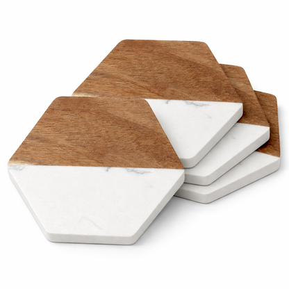 White Hexagon Wood and Marble Coaster - Case of 20