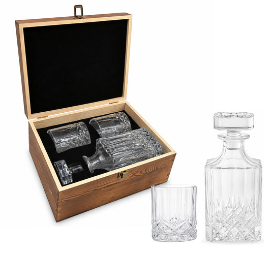 2 Glasses Diamond-Cut Whickey Decanter Set with Wooden Gift Box - Case of 6