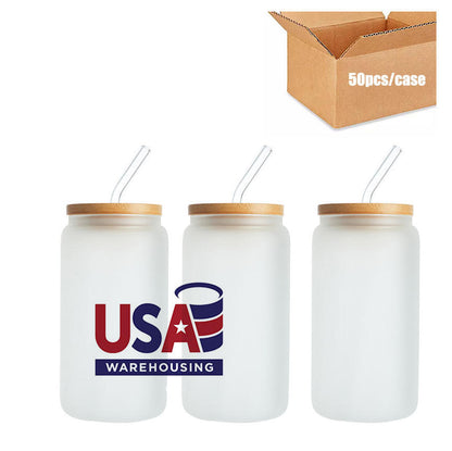16oz Frosted Sublimation Cup with Bamboo Lid and Glass Straw - Pack of 50