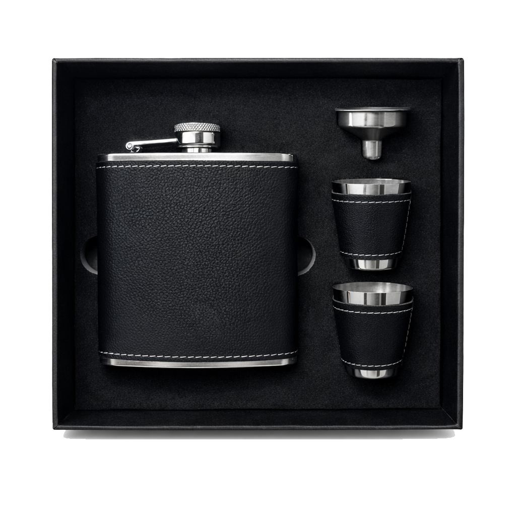 Black/Silver Laserable Leather 6oz Hip Flask Set - Case of 12