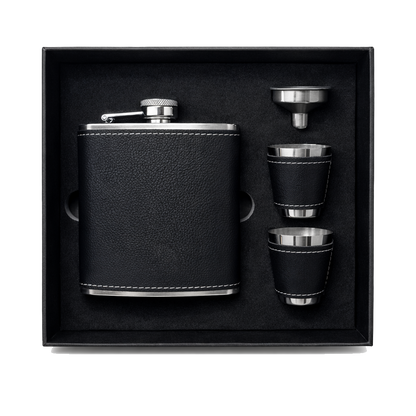 Black/Silver Laserable Leather 6oz Hip Flask Set - Case of 12