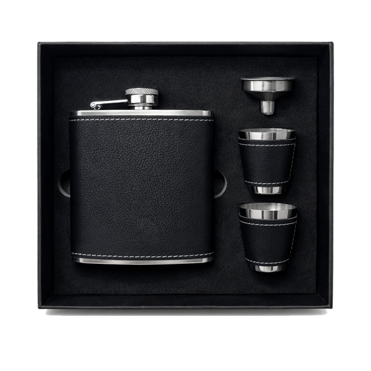 Black/Silver Laserable Leather 6oz Hip Flask Set - Case of 12