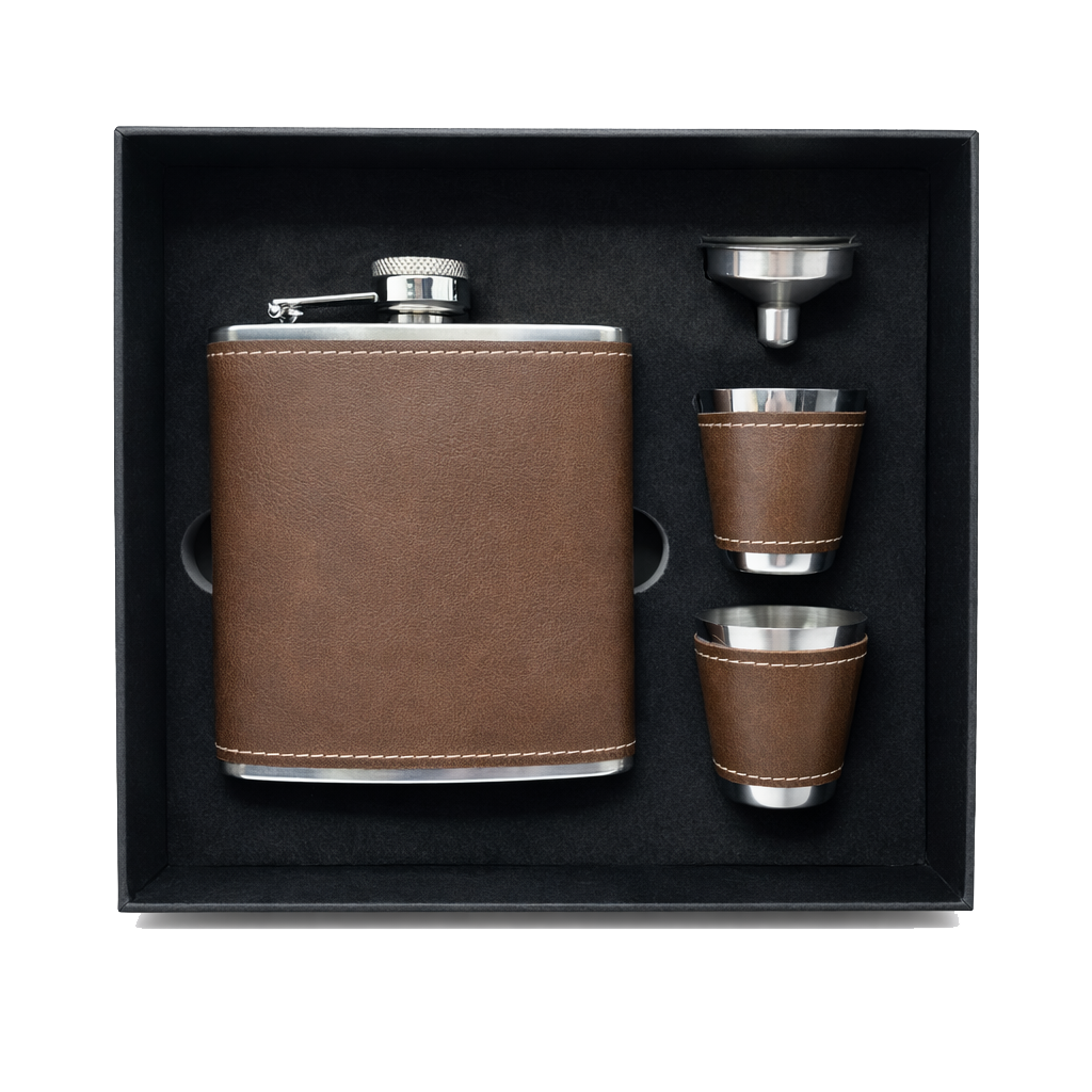 Vintage/Black Laserable Leather 6oz Hip Flask Set - Case of 12