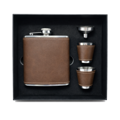 Vintage/Black Laserable Leather 6oz Hip Flask Set - Case of 12