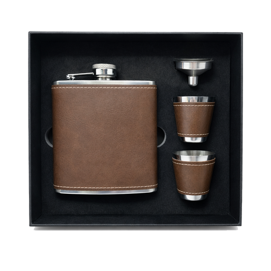 Vintage/Black Laserable Leather 6oz Hip Flask Set - Case of 12