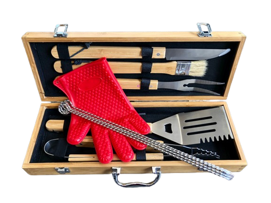 11-piece Wood Handle Barbecue Set with Bamboo Case - Pack of 6