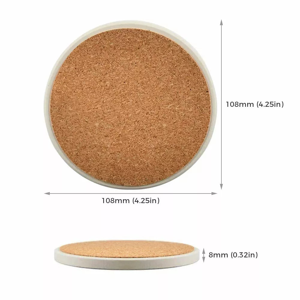 Circular Ceramic Cork Coaster  4x0.4"